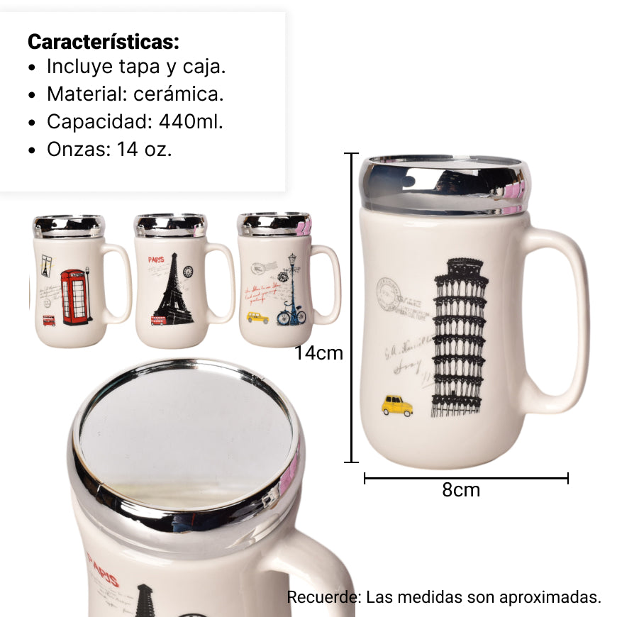 mug pocillo ceramica con tapa diferentes diseños 440ml dim:8