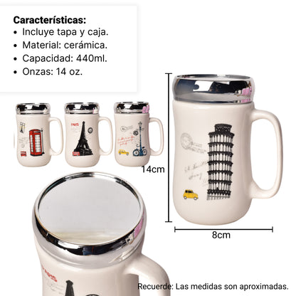 MUG POCILLO CERAMICA CON TAPA DIFERENTES DISEÑOS 440ML DIM:8