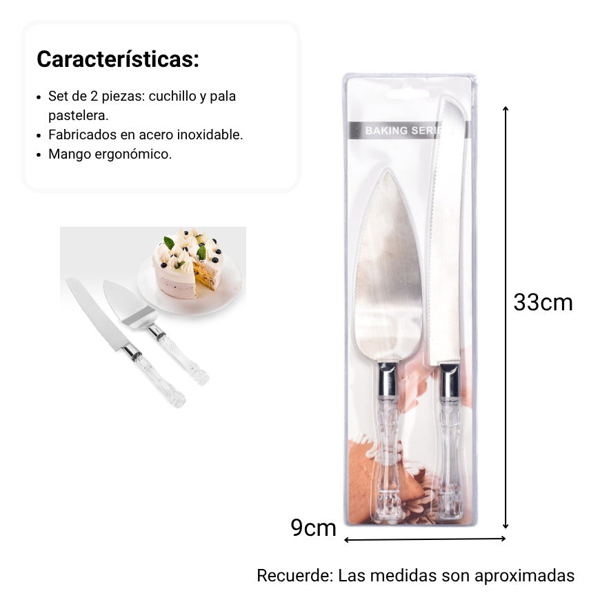 cuchillo y pala pastelera en acero dim:33x9