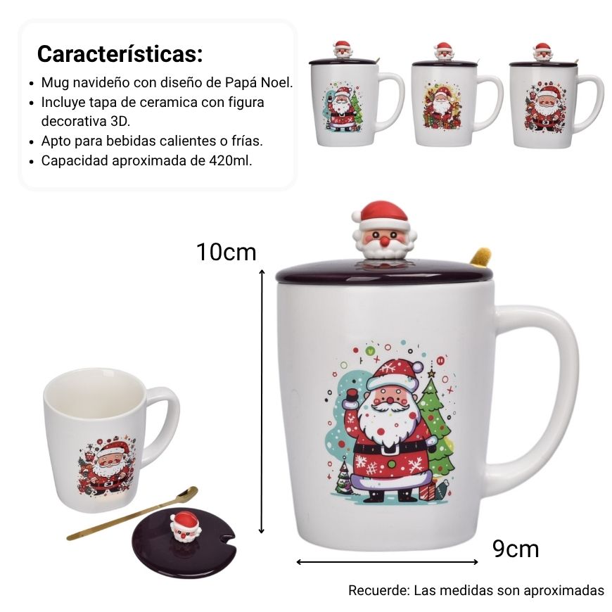 mug pocillo con tapa ceramica y cuchara 420ml navidad dim:9x9x10
