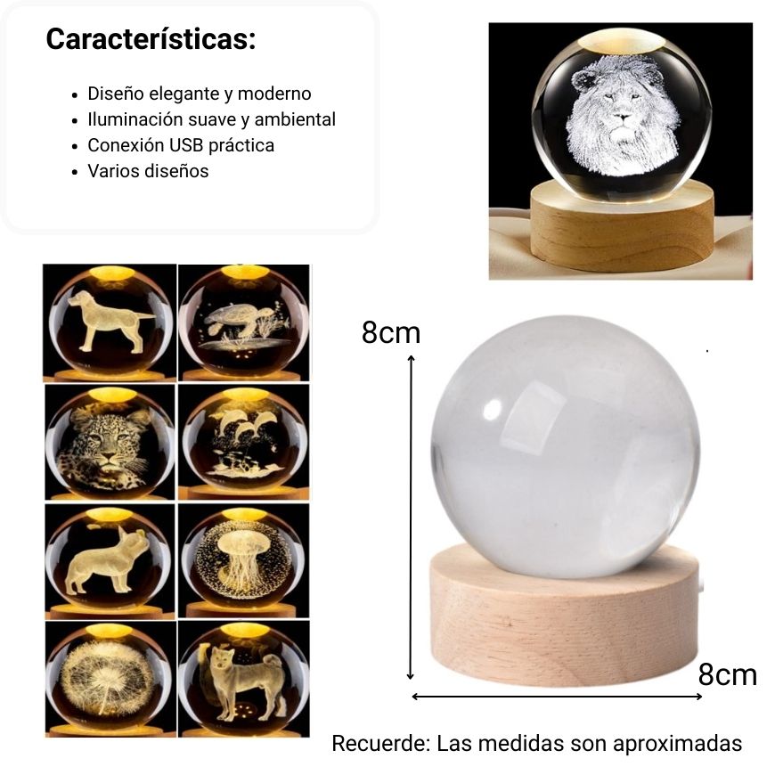 lampara esfera cristal vidrio con base madera dim:8x8