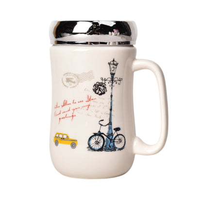 MUG POCILLO CERAMICA CON TAPA DIFERENTES DISEÑOS 440ML DIM:8