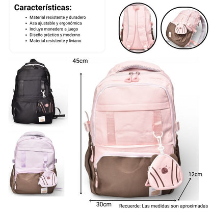MALETA MORRAL NEGRO ROSADO Y LILA POLIESTER DIM:45X30X12