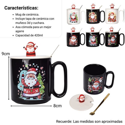 MUG POCILLO CERAMICA DISEÑOS NAVIDAD CON CUCHARA 420ML DIM:9X8