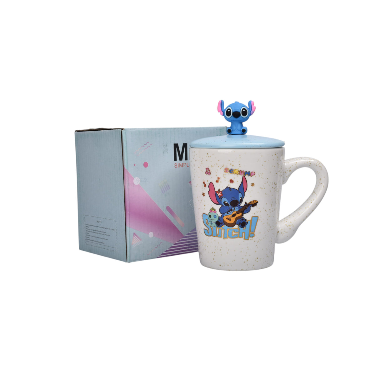 mug pocillo con tapa y  cuchara de ceramica personaje 380ml