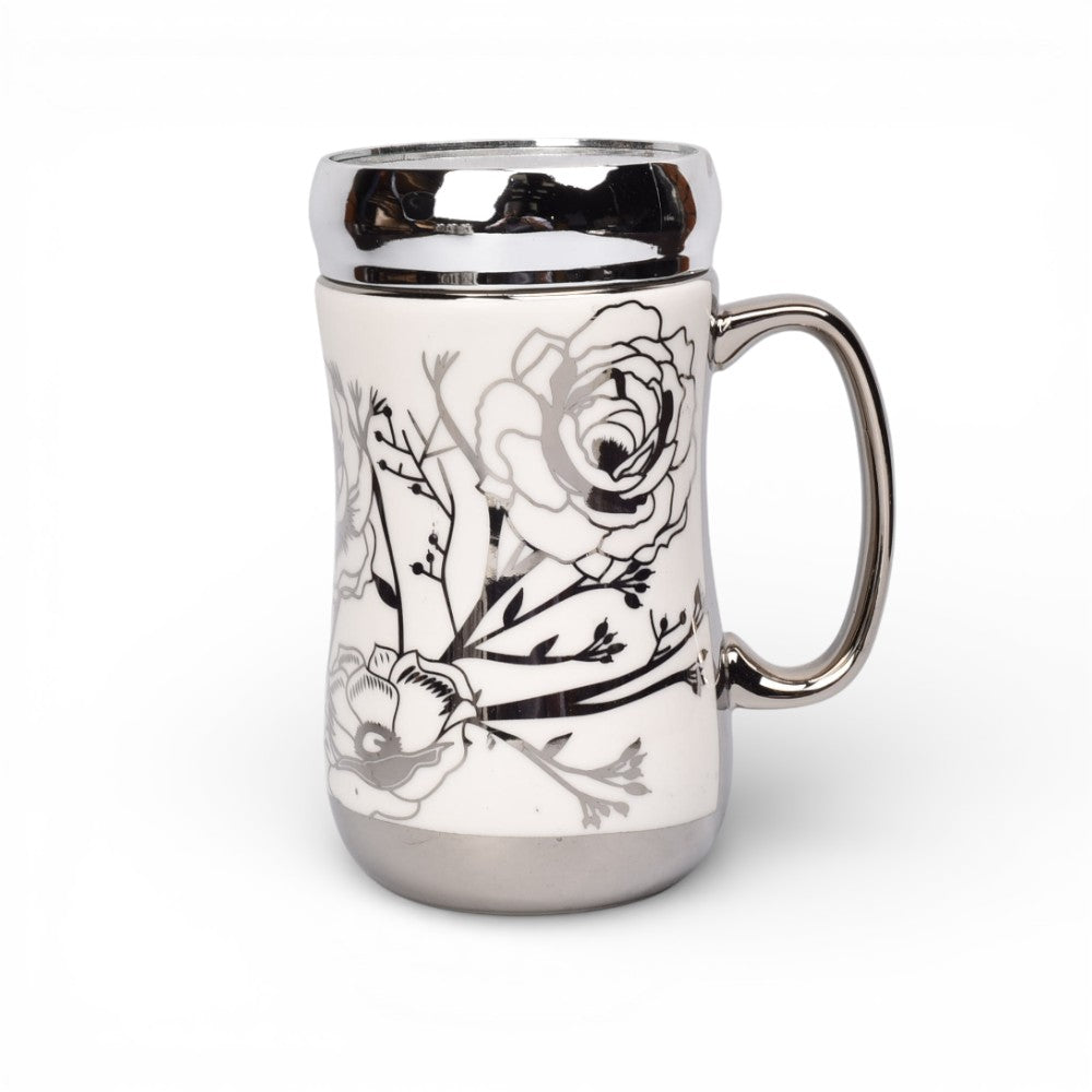 mug pocillo ceramica plateado tapa espejo 420ml dim:7x7x14
