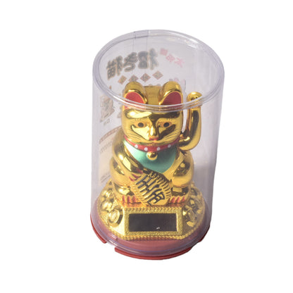 GATO DE LA SUERTE SOLAR PLASTICO COLOR DORADO DIM:6X6X9