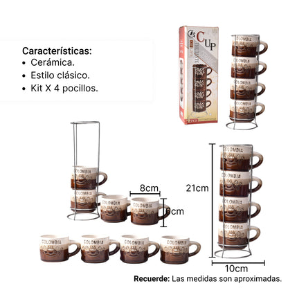 SET 4PCS POCILLOS CON BASE CERAMICA MEDIANO