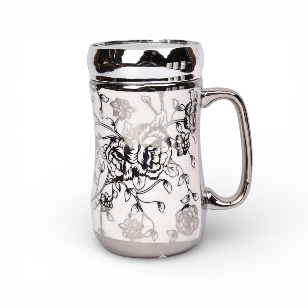 mug pocillo ceramica plateado tapa espejo 420ml dim:7x7x14