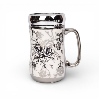 MUG POCILLO CERAMICA PLATEADO TAPA ESPEJO 420ML DIM:7X7X14