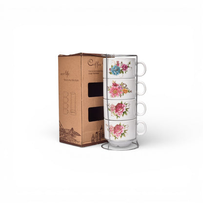POCILLO SET 4PCS CERAMICA DISEÑOS  CON BASE  160ML DIM:7X7X6