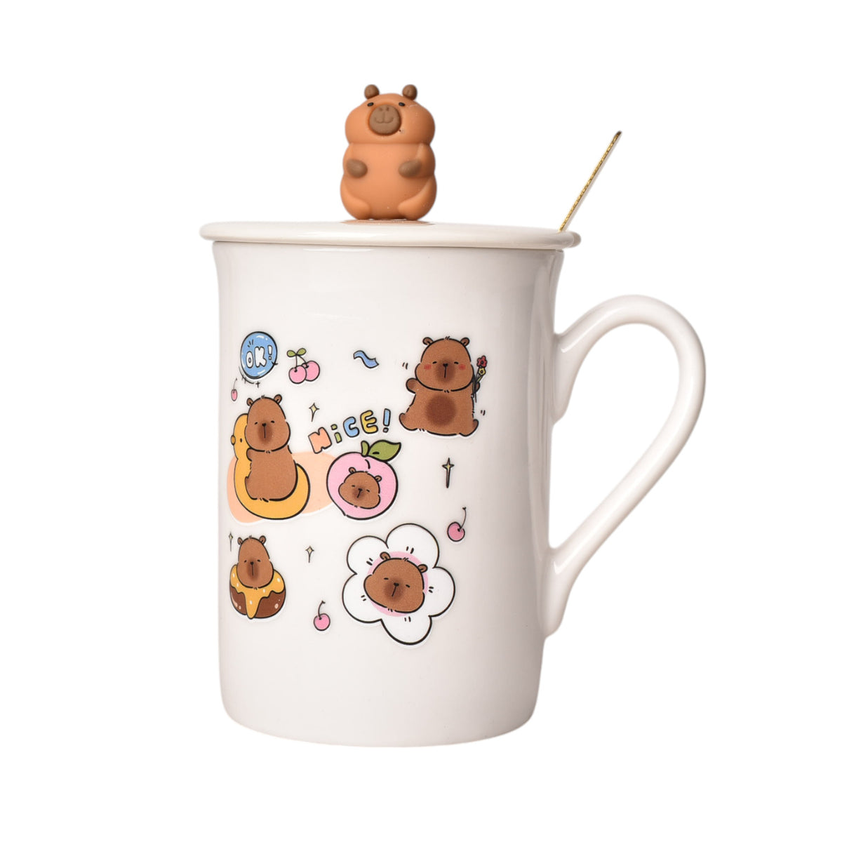 mug pocillo con tapa cuchara ceramica diseños capybara 360ml