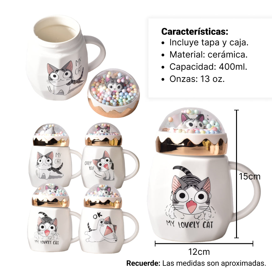 mug pocillo ceramica diseño de gato con tapa de 400ml 9x9x14