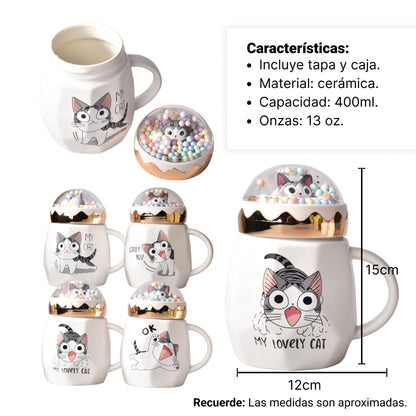 MUG POCILLO CERAMICA DISEÑO DE GATO CON TAPA DE 400ML 9x9x14