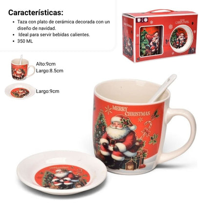 SET 3PCS MUG POCILLO PLATO CERAMICA NAVIDEÑO 350ML