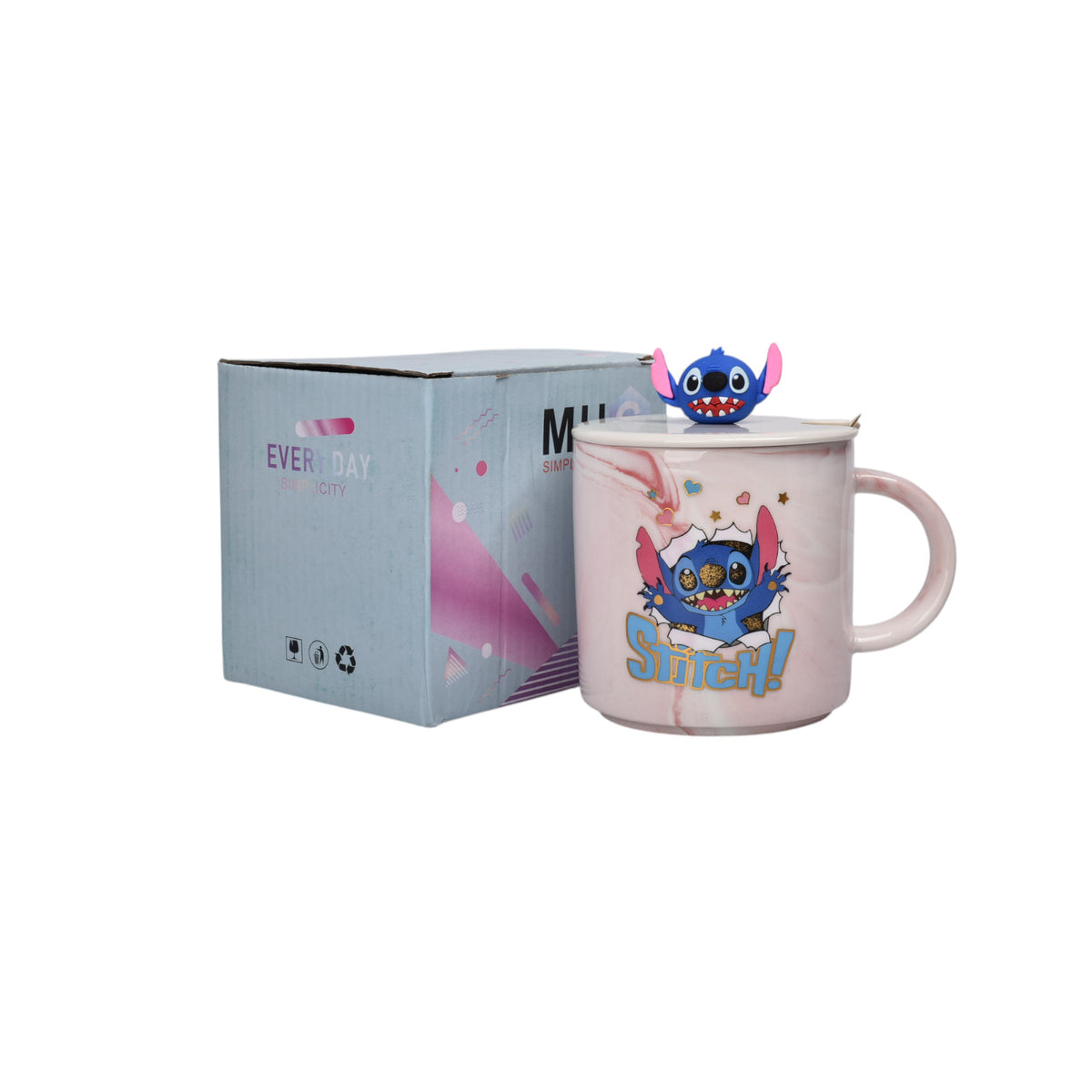 mug pocillo con tapa y  cuchara de ceramica personaje 400ml