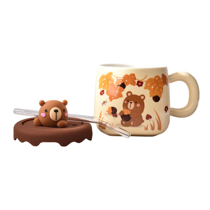 MUG POCILLO CERAMICA DISEÑOS DE OSOS CON PITILLO Y TAPA