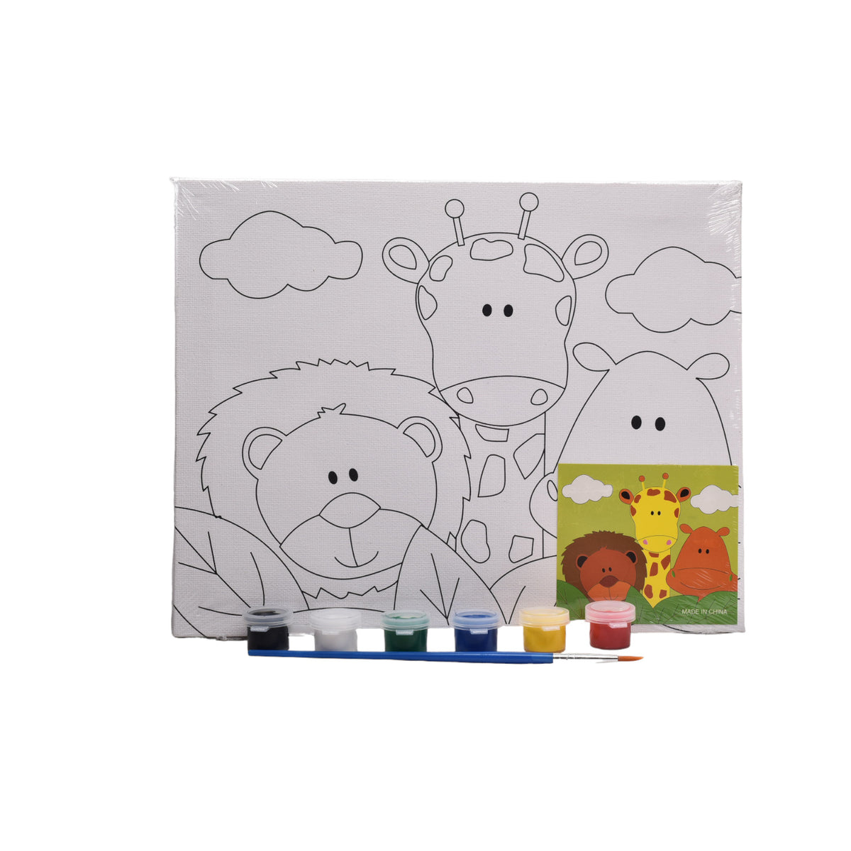 set lienzo cuadrado animales madera+fibra con temperas dim:2