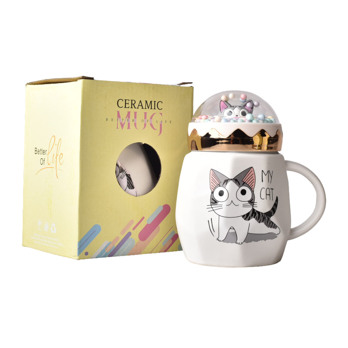 mug pocillo ceramica diseño de gato con tapa de 400ml 9x9x14