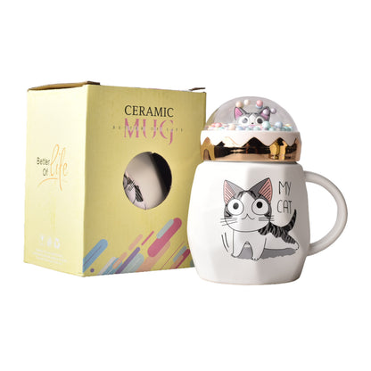 MUG POCILLO CERAMICA DISEÑO DE GATO CON TAPA DE 400ML 9x9x14