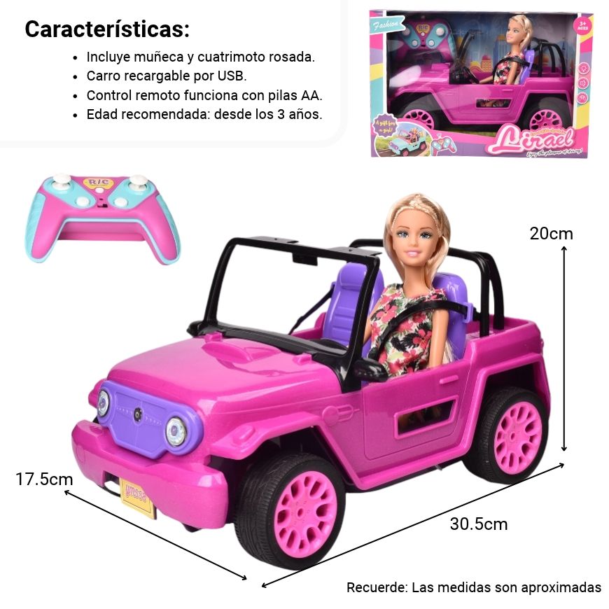 carro a control remoto con muñeca dim: 17 x 27.5x 31 cm