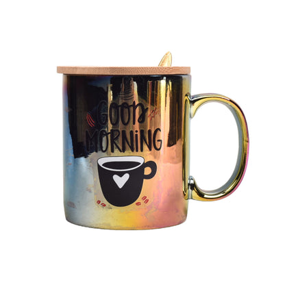 POCILLO TORNASOL MUG CERAMICA CON TAPA MADERA Y CUCHARA
