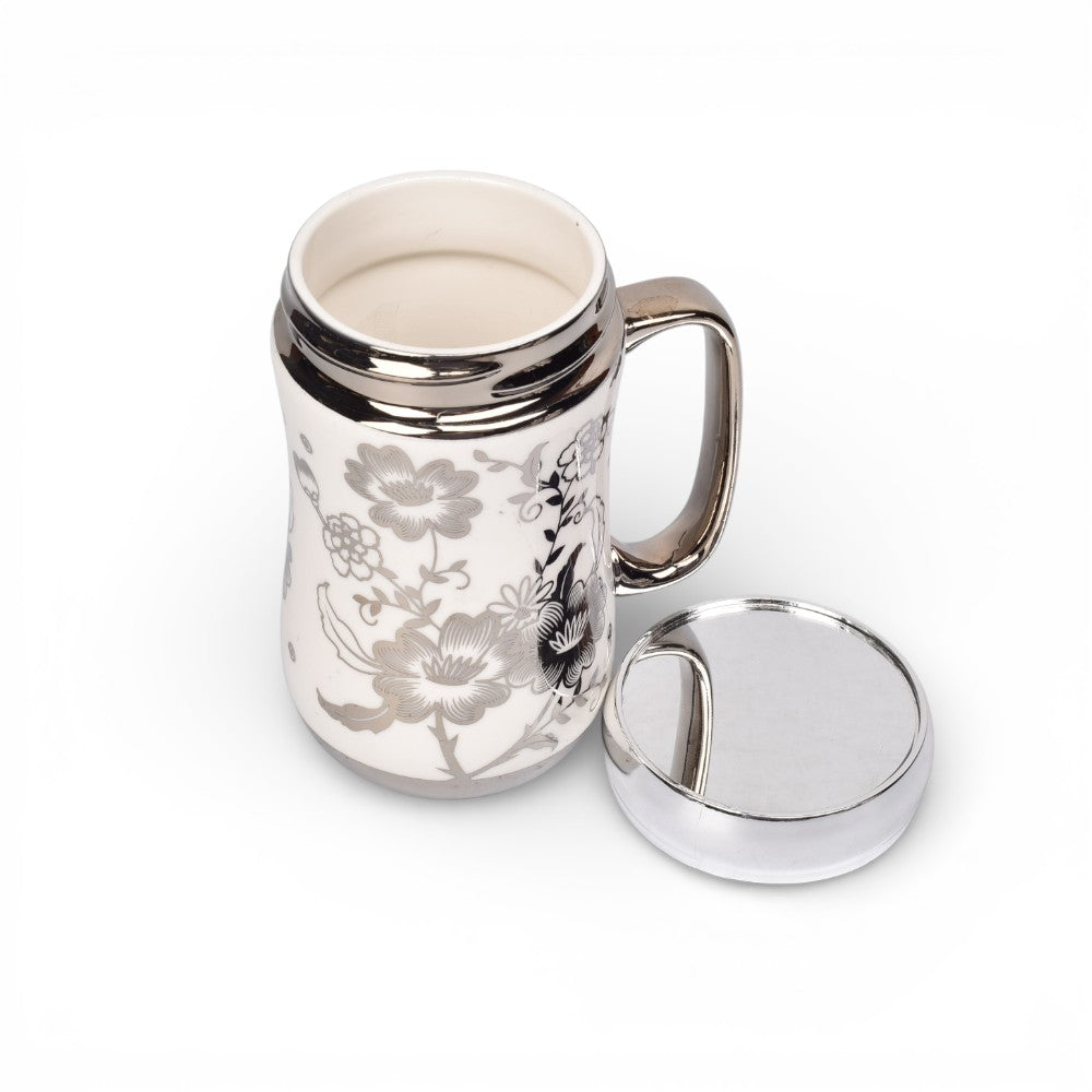 mug pocillo ceramica plateado tapa espejo 420ml dim:7x7x14