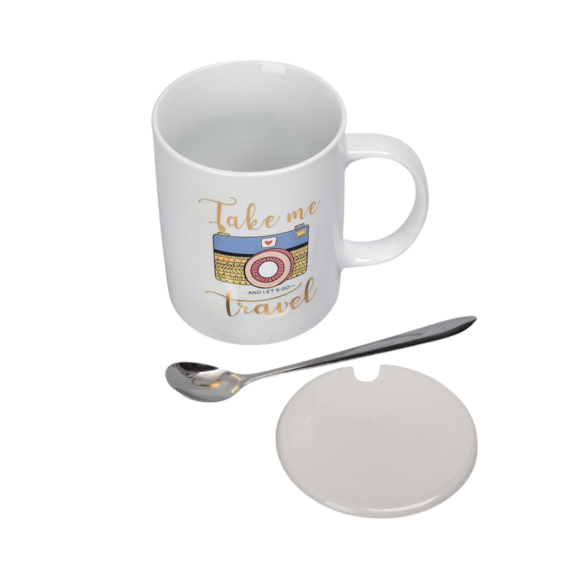 mug pocillo con tapa y  cuchara de ceramica varios diseños 350ml dim:8x8x9