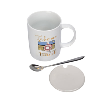 MUG POCILLO CON TAPA Y  CUCHARA DE CERAMICA VARIOS DISEÑOS 350ML DIM:8X8X9