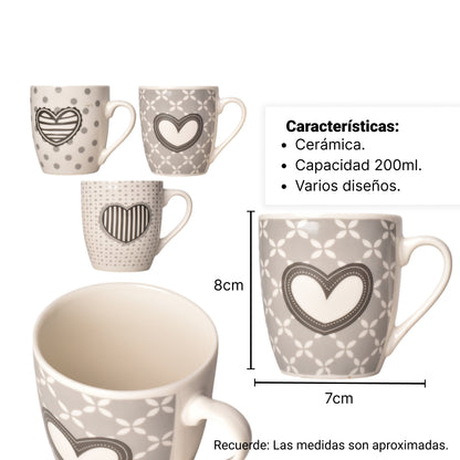 MUG POCILLO CERAMICA DISEÑO CORAZONES 200ML DIM:7X7X8