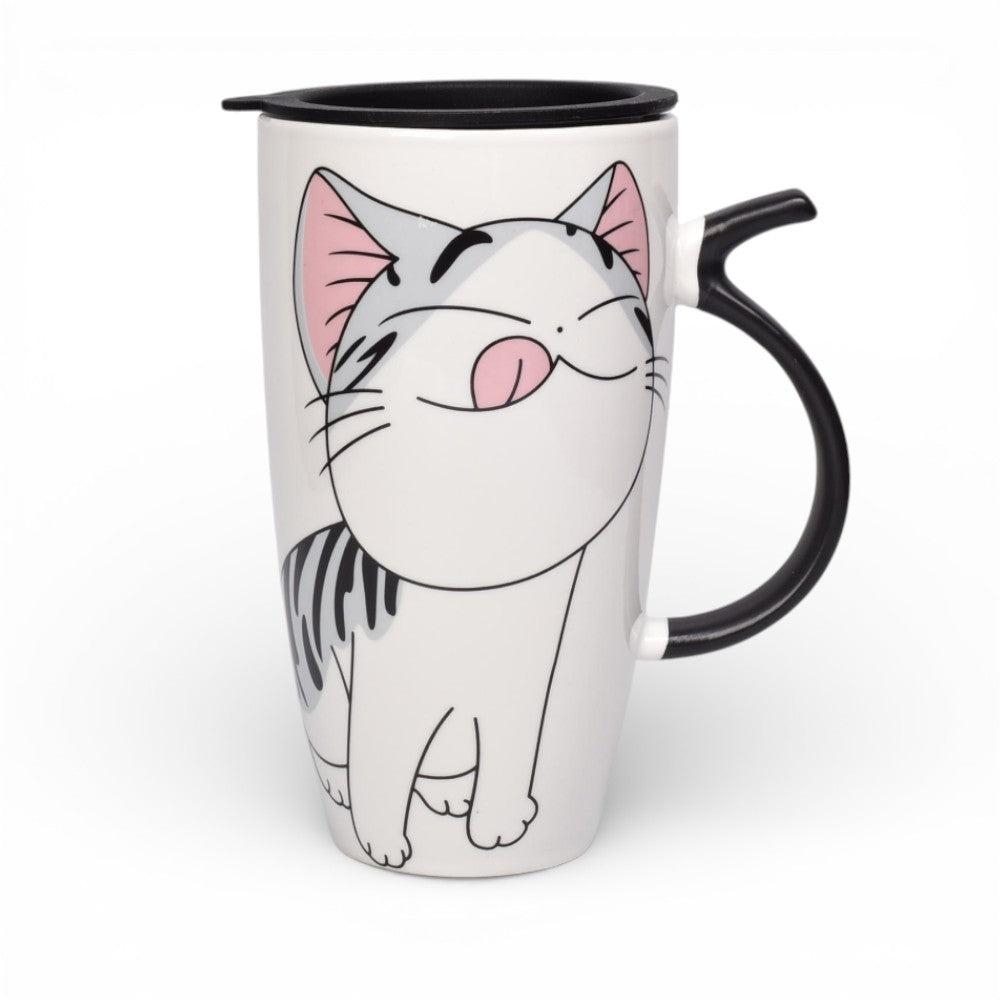 mug pocillo ceramica diseños gatos con tapa de 550ml