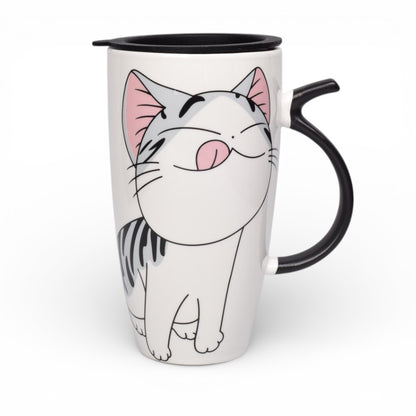MUG POCILLO CERAMICA DISEÑOS GATOS CON TAPA DE 550ML