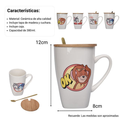 MUG POCILLO CERAMICA PERSONAJE CON TAPA DE MADERA 380ML