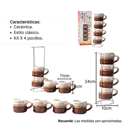 SET 4PCS POCILLOS CON BASE CERAMICA GRANDE