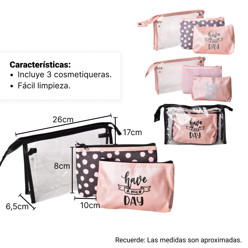 cosmetiquera x 3 und maquillaje poliester sintetico pvc dim: