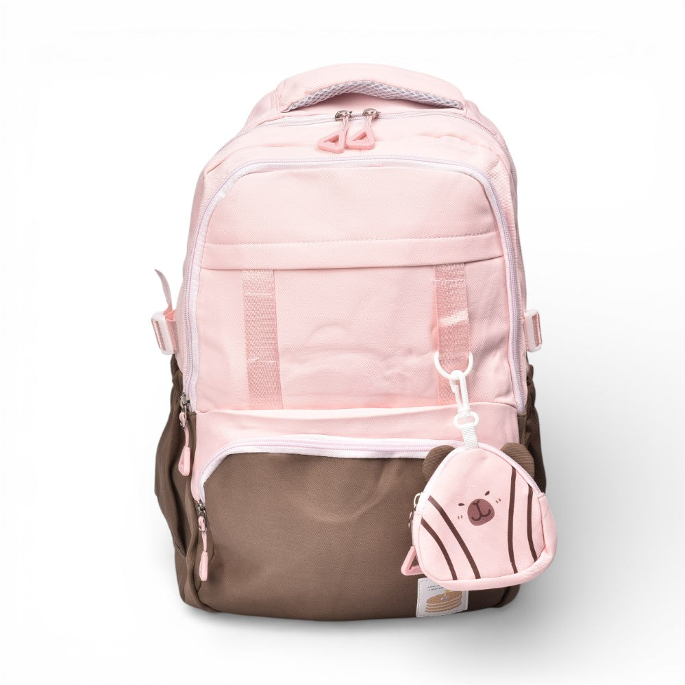 maleta morral negro rosado y lila poliester dim:45x30x12