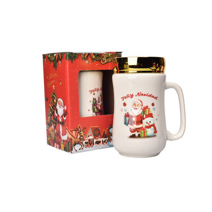 MUG POCILLO CERAMICA NAVIDAD CON TAPA ESPEJO 440ML DIM:14X7