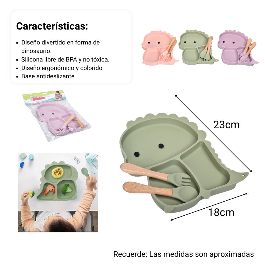 plato con cubierto silicona para niños dim:23x18x2