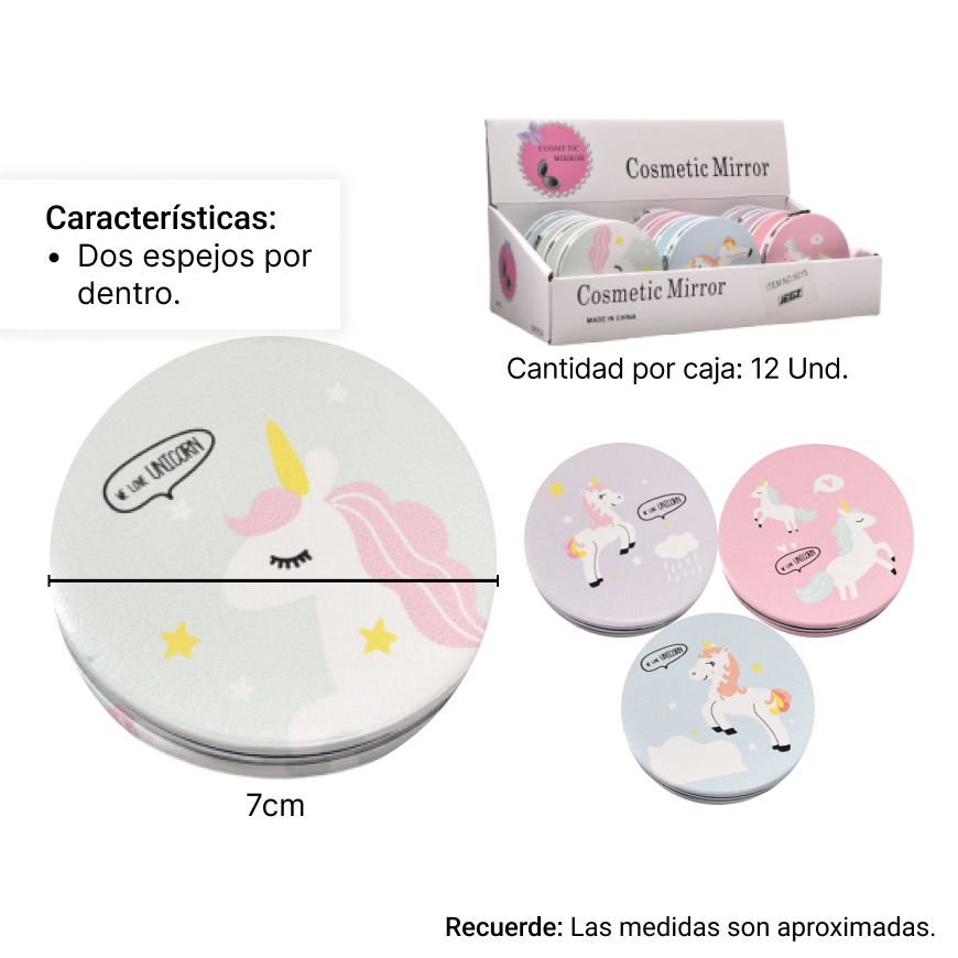 espejo redondo plastico cartera unicornio dim: 7x7cm
