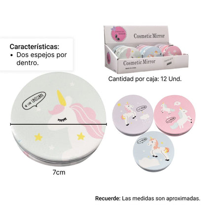 ESPEJO REDONDO PLASTICO CARTERA UNICORNIO DIM: 7x7CM