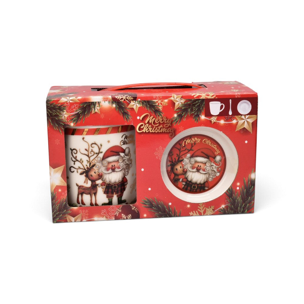 set 3pcs mug pocillo plato ceramica navideño 350ml