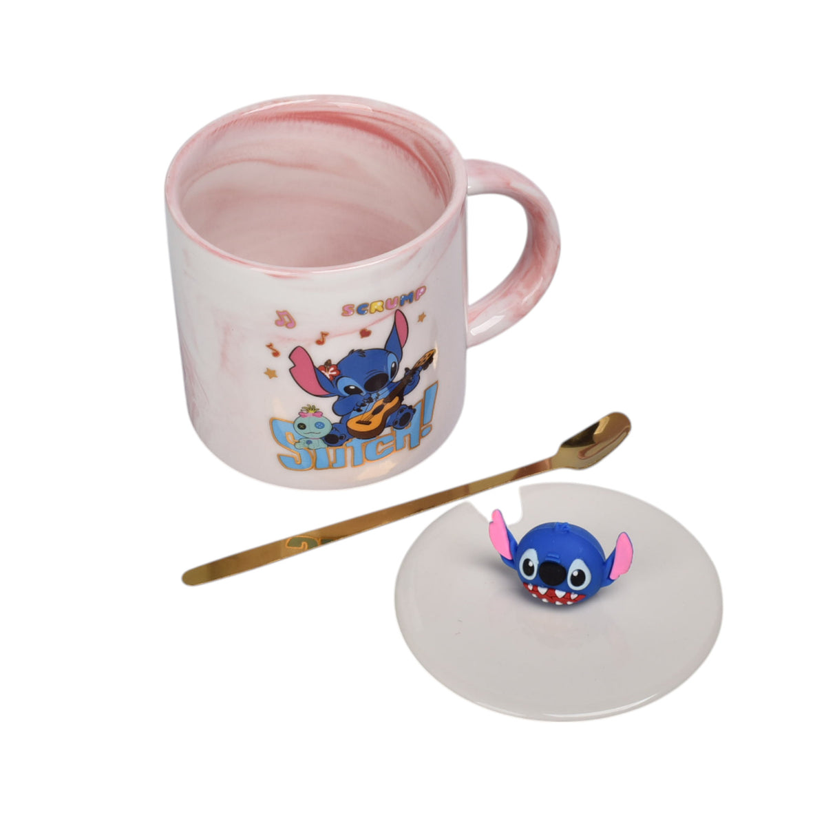 mug pocillo con tapa y  cuchara de ceramica personaje 400ml