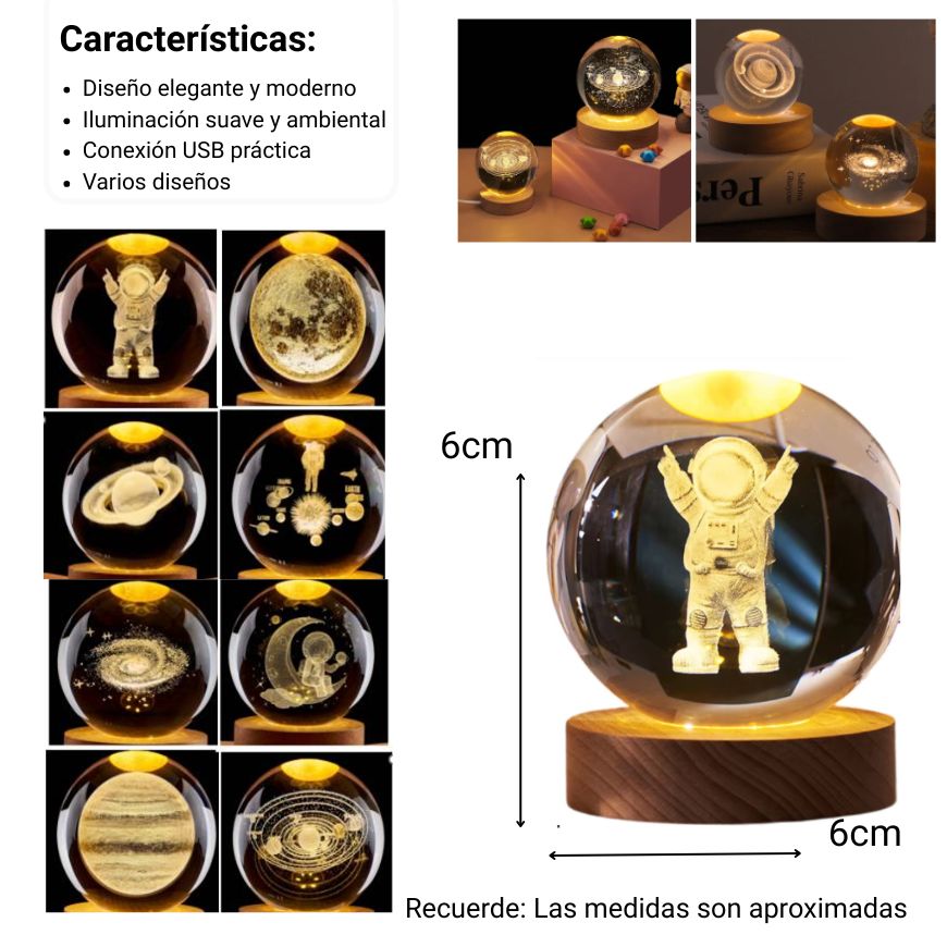 lampara esfera cristal vidrio con base madera dim:6x6