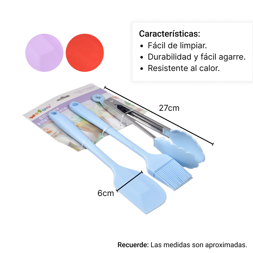 set utensilios para cocina en silicona pinzas, pala y brocha