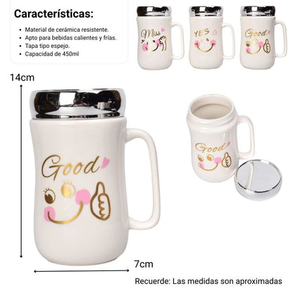 MUG POCILLO CERAMICA TAPA ESPEJO 450ML