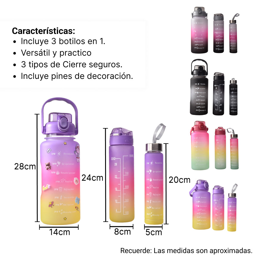set botella motivacional de agua por 3 unidades