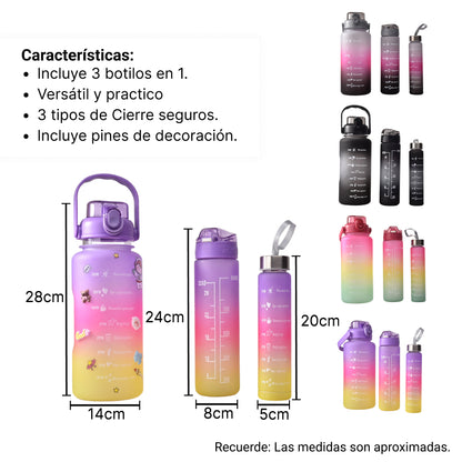 SET BOTELLA MOTIVACIONAL DE AGUA POR 3 UNIDADES