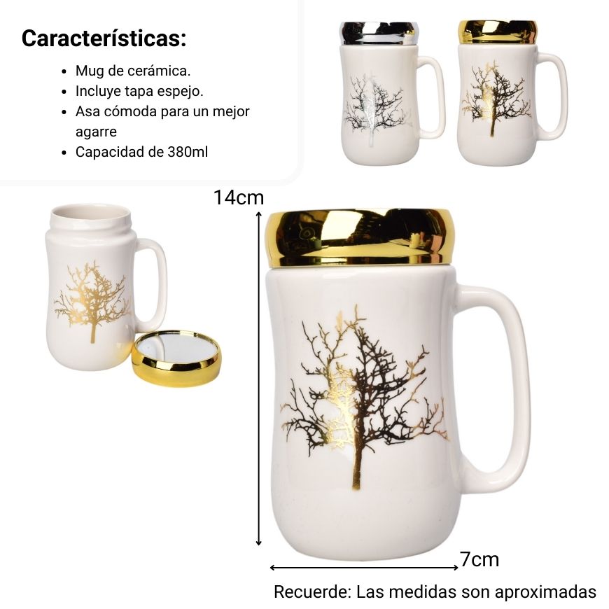 mug pocillo ceramica con tapa espejo 380ml dim:14x7