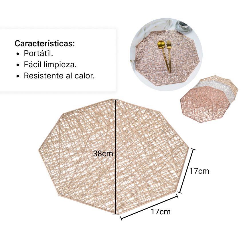 individuales octagono oro rosa-plateado-dorado dim:38x38