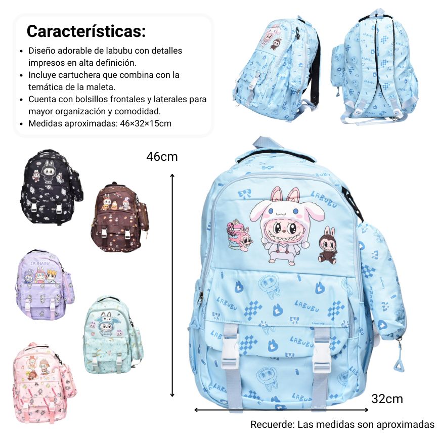 maleta morral con cartuchera poliester personaje dim:46x32x15